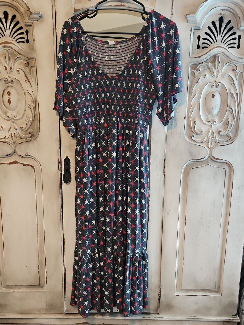 Kate Quinn Women's Flutter Sleeve Smocked Midi Dress Large Bamboo Vintage Americ